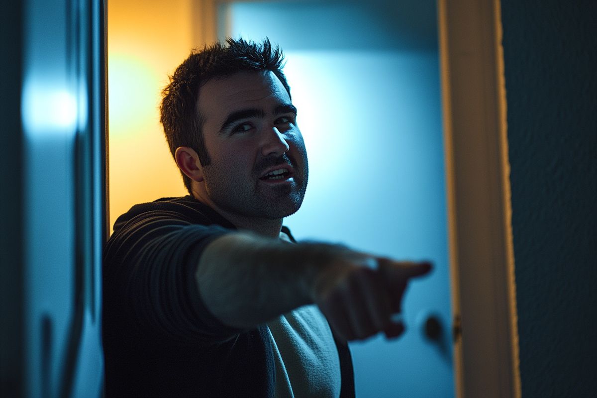 Une femme plus âgée, l'air sévère, regarde au loin