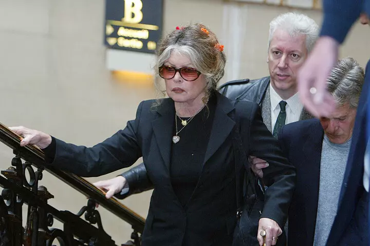 Brigitte Bardot lors d'une conférence de presse ou d'une audience judiciaire, regard sérieux.