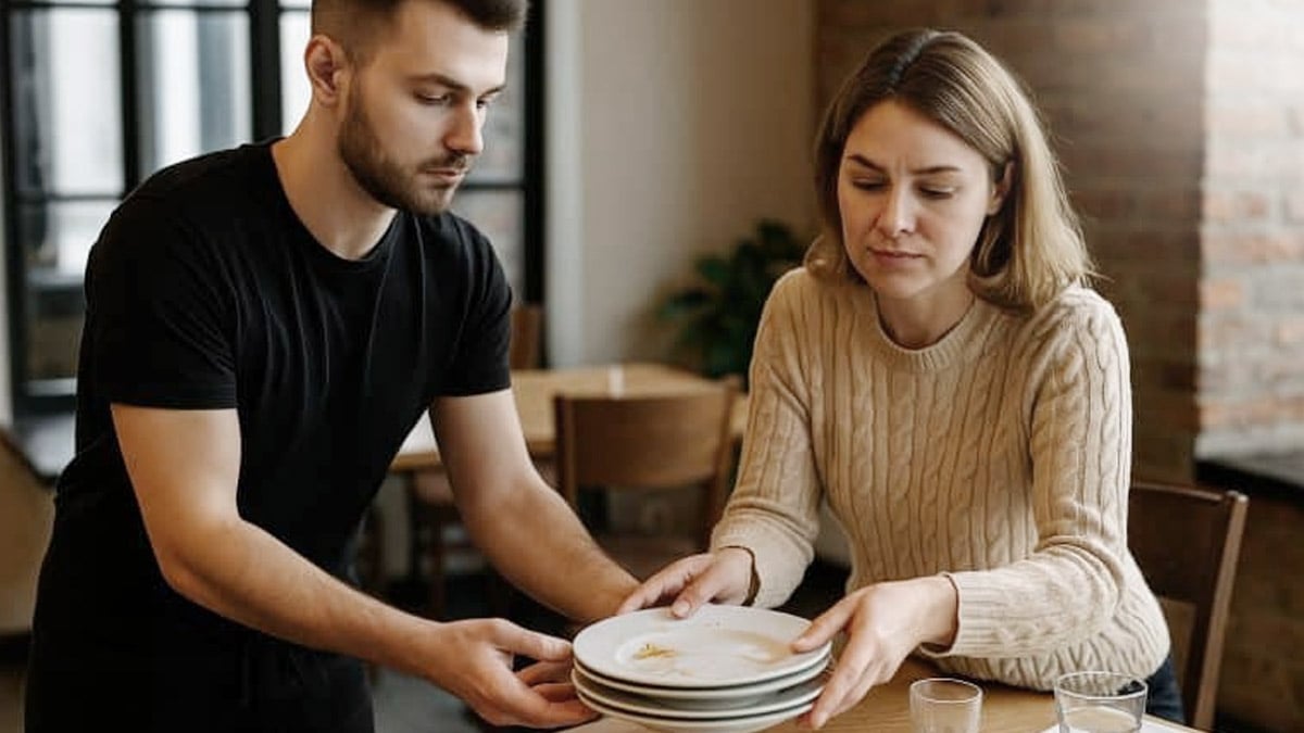 Une main tendue pour aider à débarrasser une table de restaurant, symbole de micro-attention.