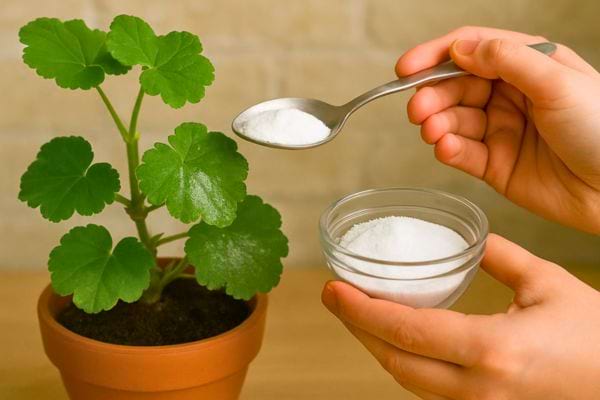 Plante verte dans un pot avec une cuillère de bicarbonate de soude à proximité