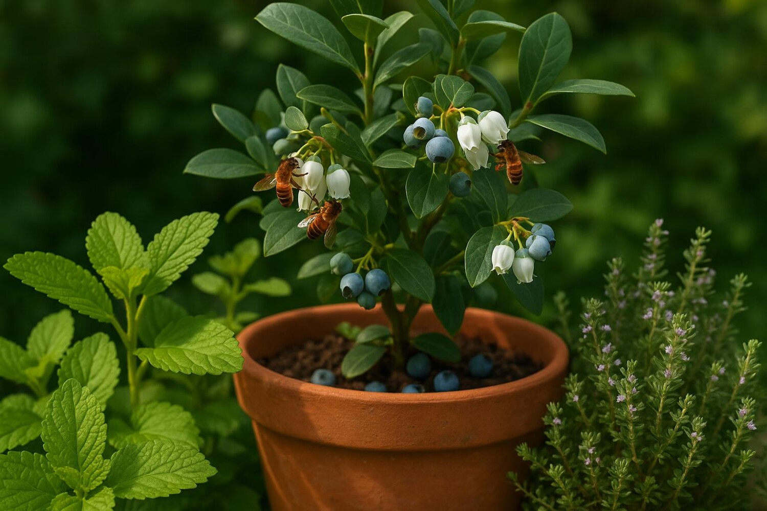 Pot en terre cuite avec un jeune myrtillier