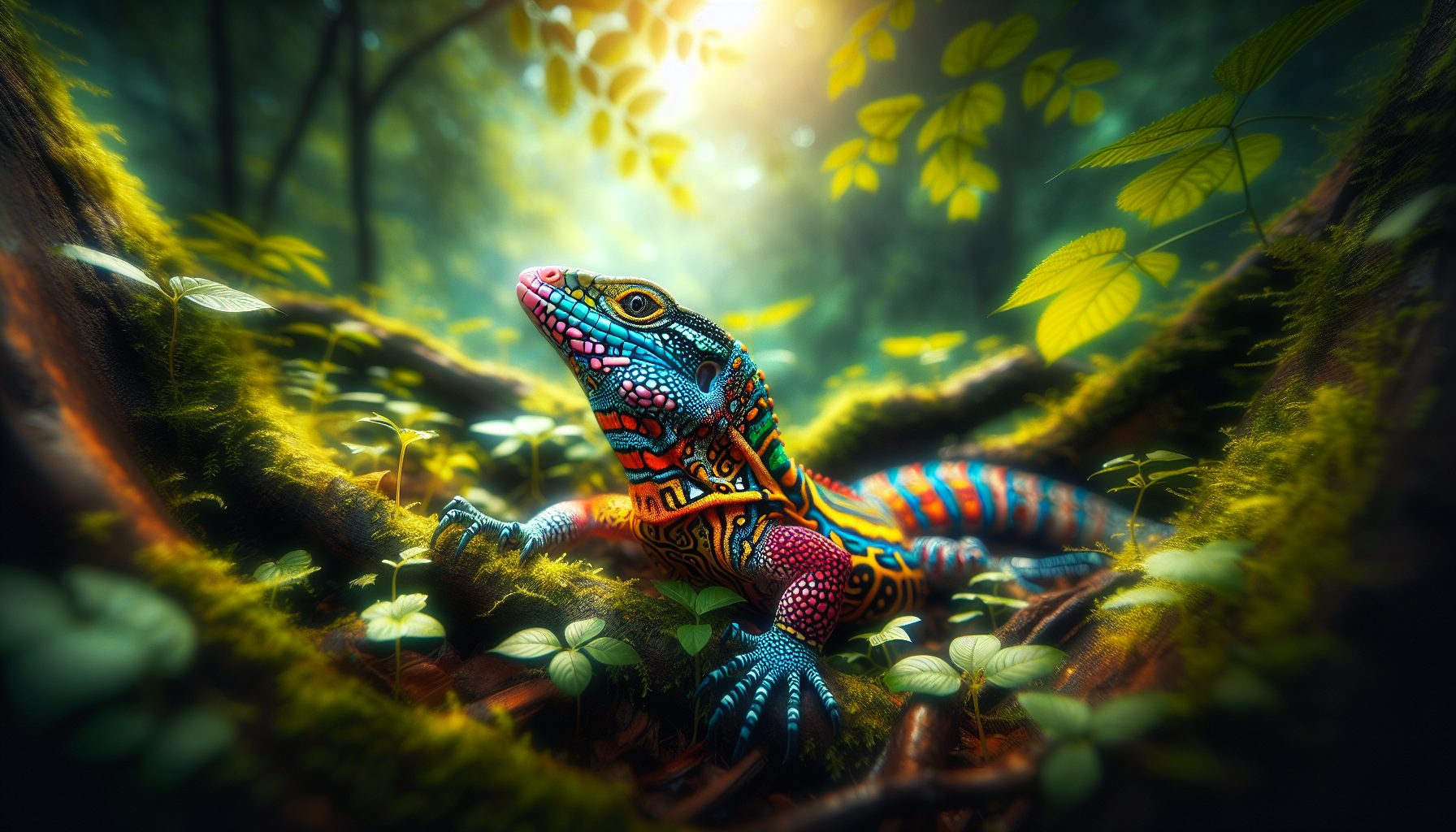 Représentation artistique d'un lézard, animal totem, sur un fond naturel