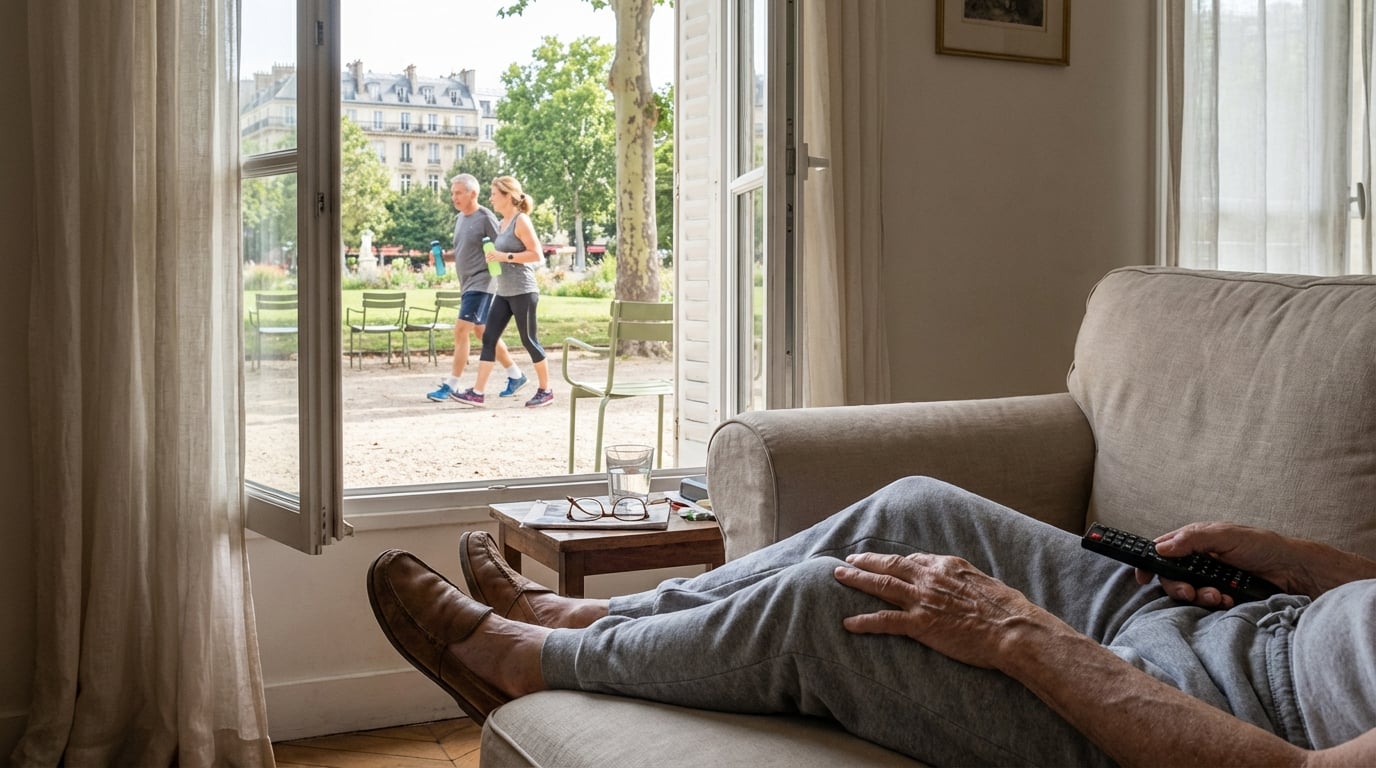 Une personne âgée souriante, active et indépendante dans son intérieur chaleureux.