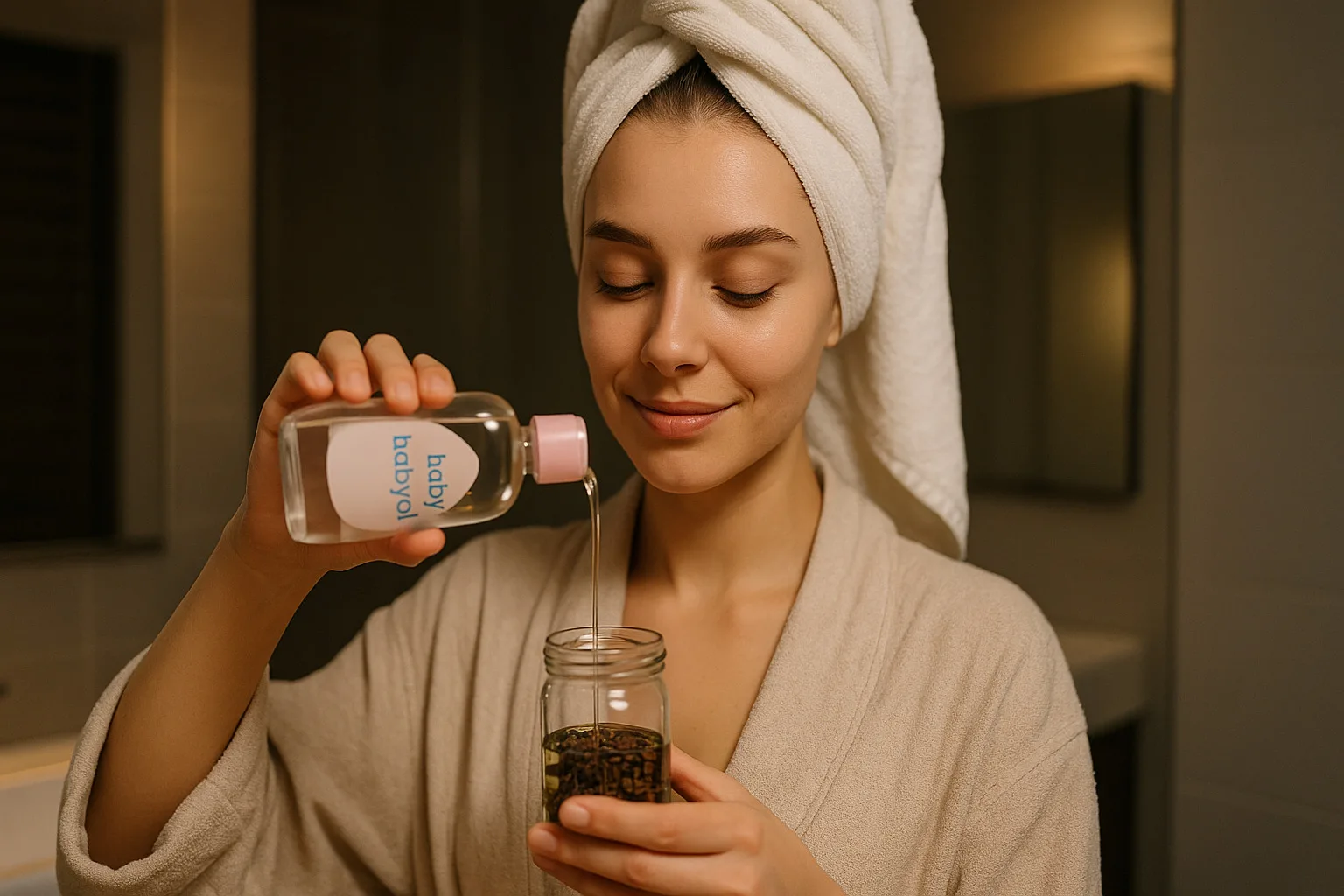 Une bouteille d'huile pour bébé et des clous de girofle sur une table, illustrant les ingrédients de la recette.