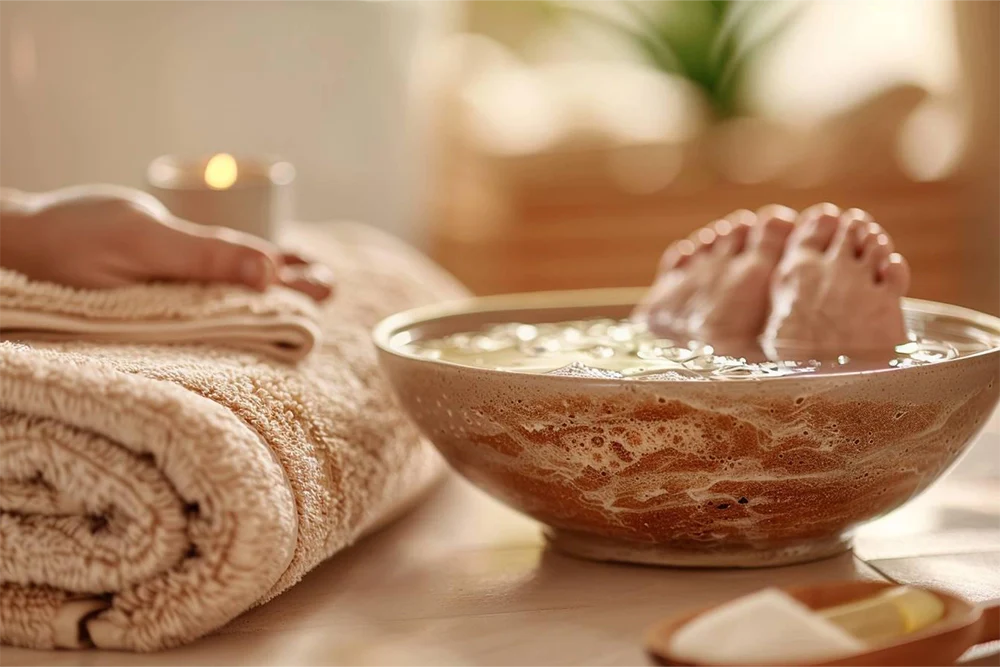 Bassine d'eau avec des ingrédients naturels pour un bain de pieds relaxant