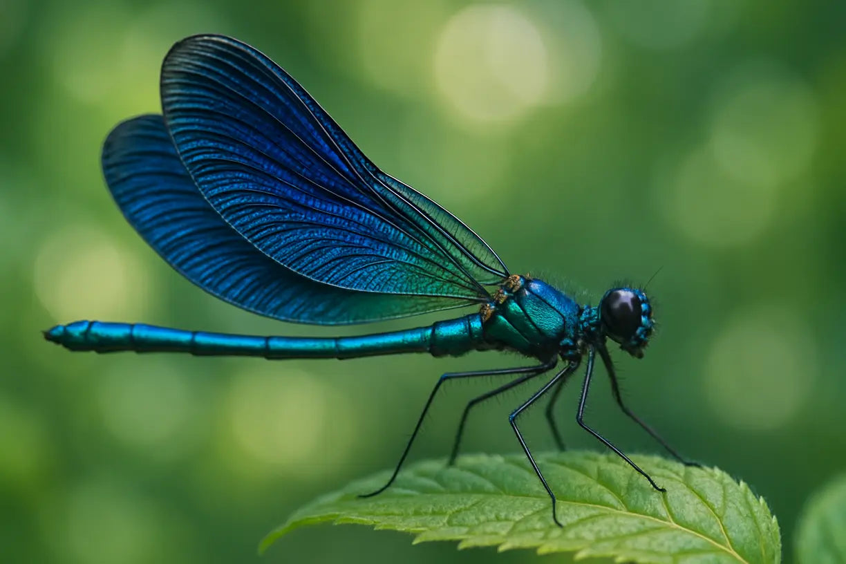 Gros plan sur une libellule bleue, ailes déployées