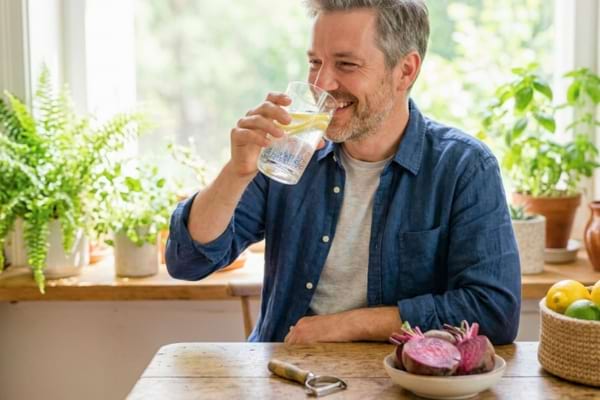 homme souriant dans la quarantaine, habillé de manière décontractée, boit un grand verre d