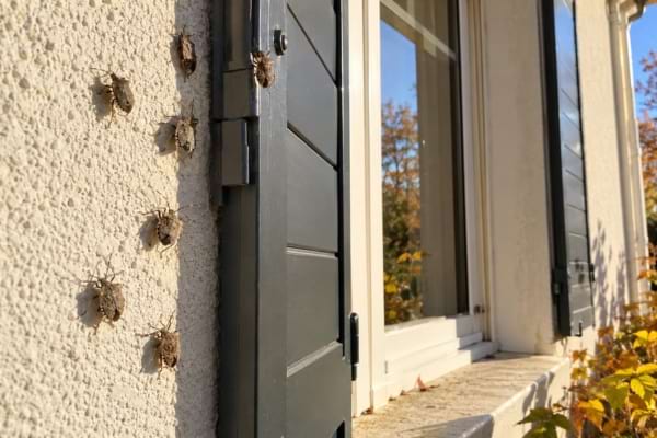 Punaises brunes regroupées sur un mur près d'une fenêtre en automne.