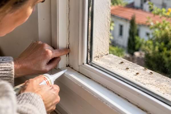 Pose de mastic autour d'une fenêtre pour empêcher les punaises d'entrer.