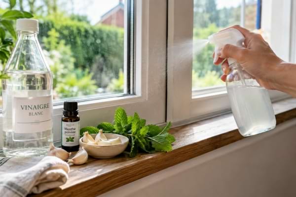 Spray maison au vinaigre, ail et menthe vaporisé autour d'une fenêtre.