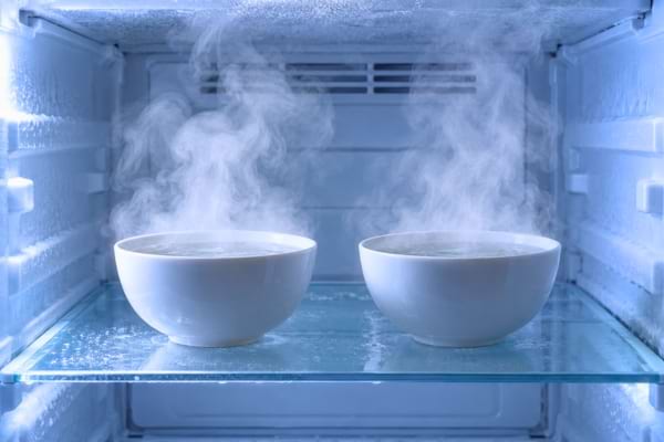 Deux bols en céramique blanche fumants, remplis d'eau chaude