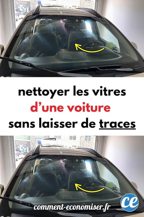Pare-brise d'une voiture vu de l'extérieur avec un avant-après montrant une vitre propre sans traces.