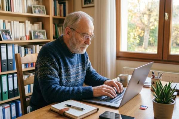 un homme de 70 ans, concentré, tapant sur le clavier d
