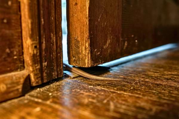  small crack under a wooden indoor door, with a subtle hint of a small reptile tail slipping inside