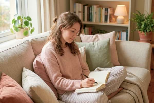 Une personne écrivant paisiblement dans un joli carnet sur un canapé confortable
