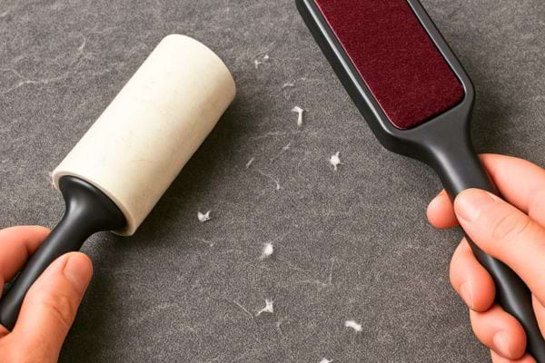 rouleau adhesif et brosse anti peluches sur surface grise avec fibres blanches