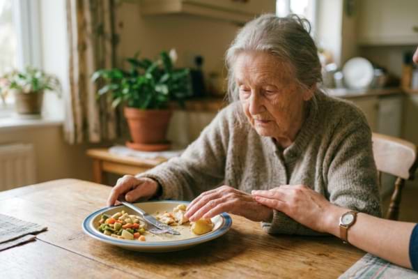 Une personne très âgée repousse doucement une assiette à moitié pleine