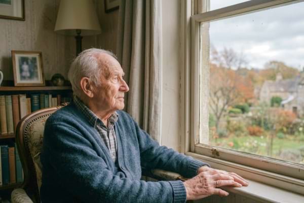 un homme très âgé regardant par la fenêtre avec un regard lointain et paisible, semblant perdu dans ses pensées