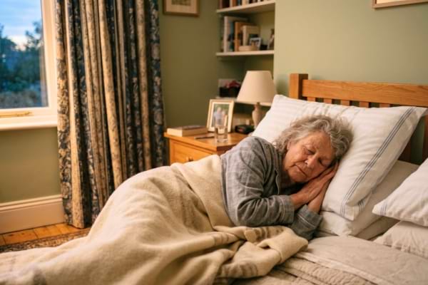 une personne âgée endormie paisiblement dans un lit confortable, la tête reposant sur des oreillers moelleux.