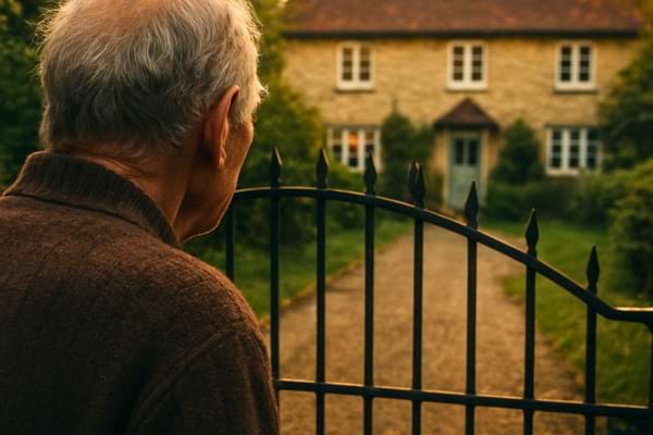 Un homme âgé de 78 ans, de dos, regardant avec inquiétude une jolie maison de campagne