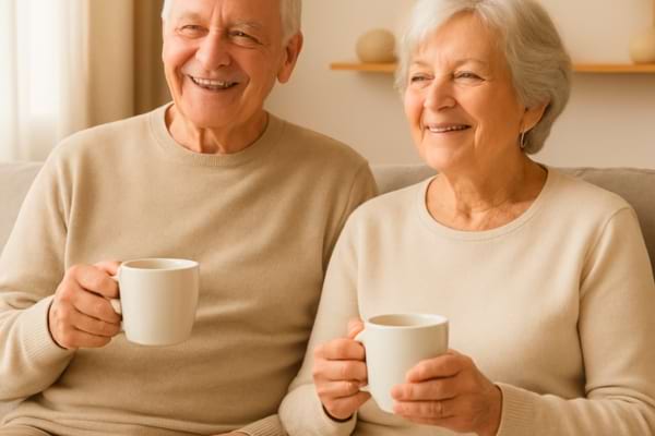 Un couple de seniors souriants, assis sereinement dans leur canapé avec une tasse de thé