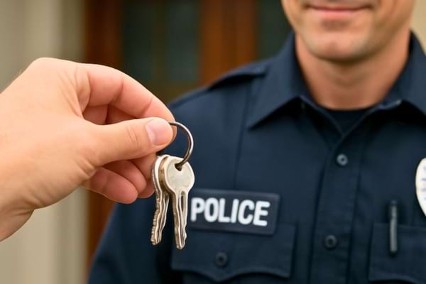 Gros plan sur une main tenant un trousseau de clés tendu vers un officier de police
