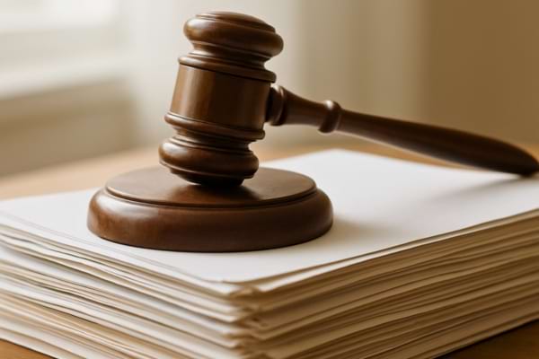 Une pile de documents administratifs et juridiques avec un marteau de justice en bois