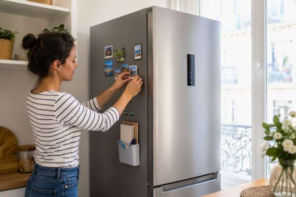 Femme retirant des magnets d'un frigo moderne en inox