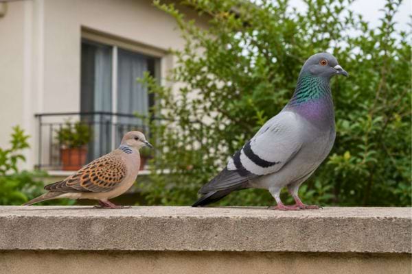 Tourterelle et pigeon posés sur un muret près d'une maison.