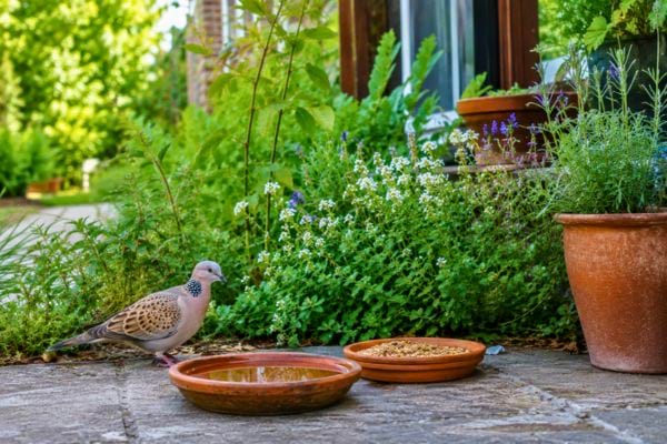 Tourterelle près d'une coupelle d'eau dans un jardin.