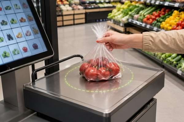 Sachet de tomates bien centré sur la balance d'un supermarché.