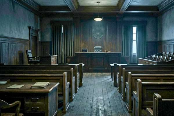 an empty and gloomy 1980s courtroom, wooden benches, judge