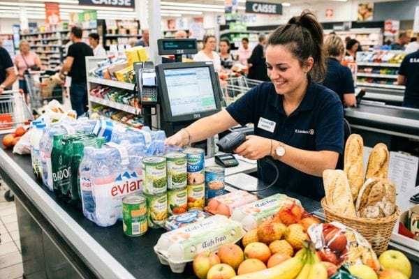 tapis de caisse bien organisé avec des articles rangés, caissière heureuse