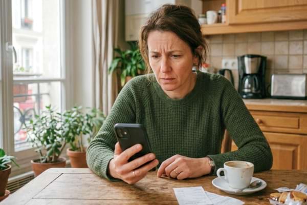 une personne soucieuse assise à la table de sa cuisine, regardant l
