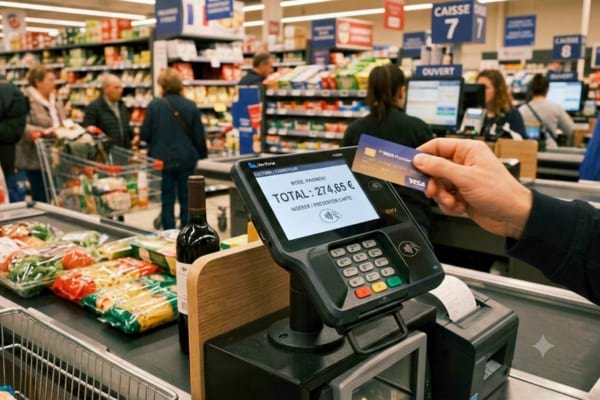 un terminal de paiement affichant un montant élevé, avec une carte bancaire floue 