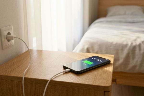Smartphone en charge posé sur une table de chevet près d'un lit