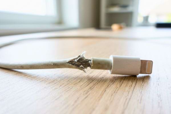 Câble de charge abîmé avec fils visibles sur une table