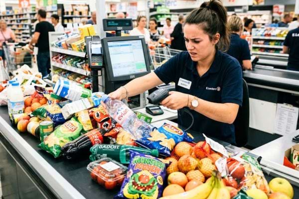 tapis de caisse mal rangé et caissière en colère