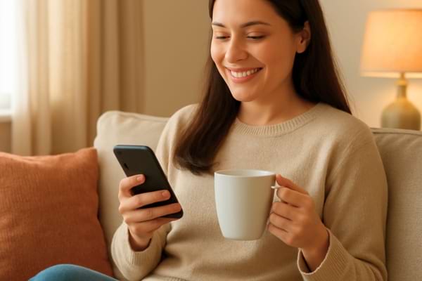Une personne sereine assise dans son canapé, buvant un thé, regardant son téléphone avec un sourire confiant