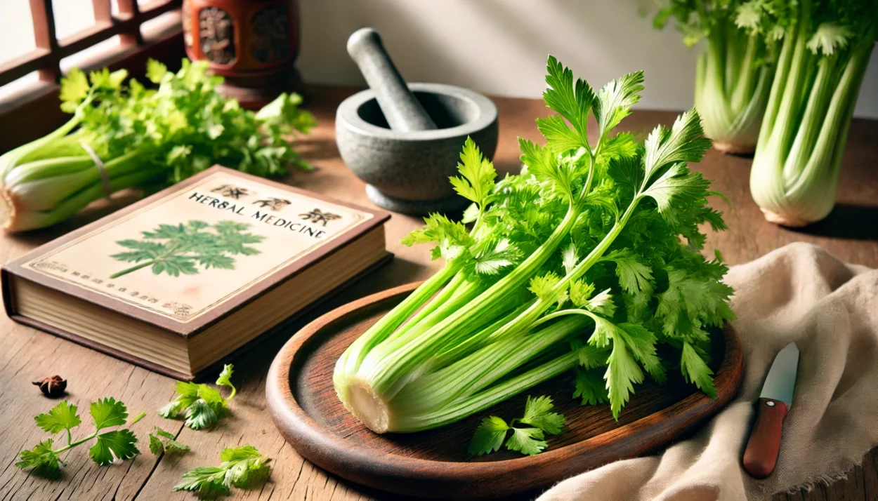 A close-up of fresh celery on a traditional Chinese wooden cutting board, with a herbal medicine book in the background, symbolizing its importance in Soong Mei-ling's diet and Traditional Chinese Medicine.