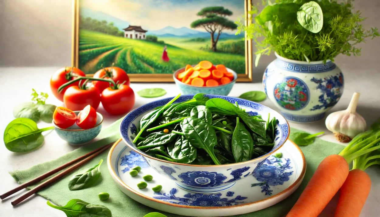 A plate of steamed spinach served in a traditional Chinese porcelain dish, surrounded by small bowls of colorful vegetables like carrots and tomatoes.