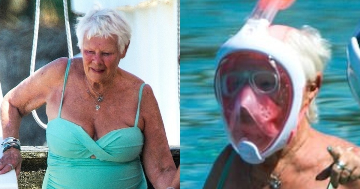 Judi Dench sur une plage, souriante et détendue dans un bikini turquoise