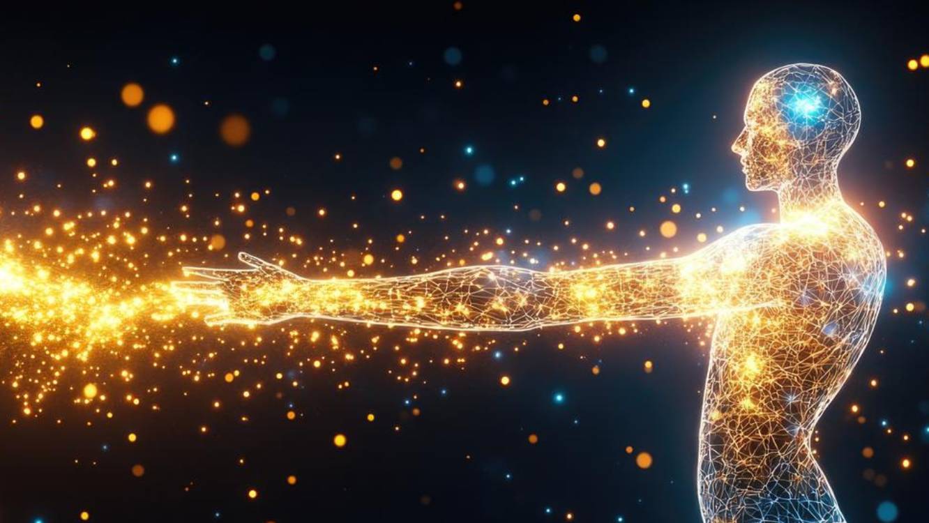 Représentation artistique d'un corps humain d'où s'échappent des particules de lumière