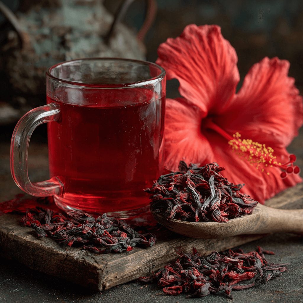 Tasse d'infusion d'hibiscus rouge vif