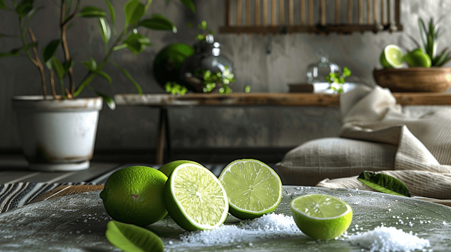 Assiette décorative avec des quartiers de citron et du gros sel, posée sur une table en bois dans une chambre lumineuse.