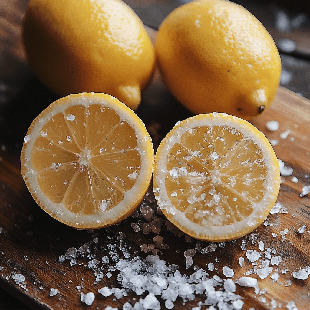 Quartier de citron frais saupoudré de sel, en gros plan, sur un fond neutre.