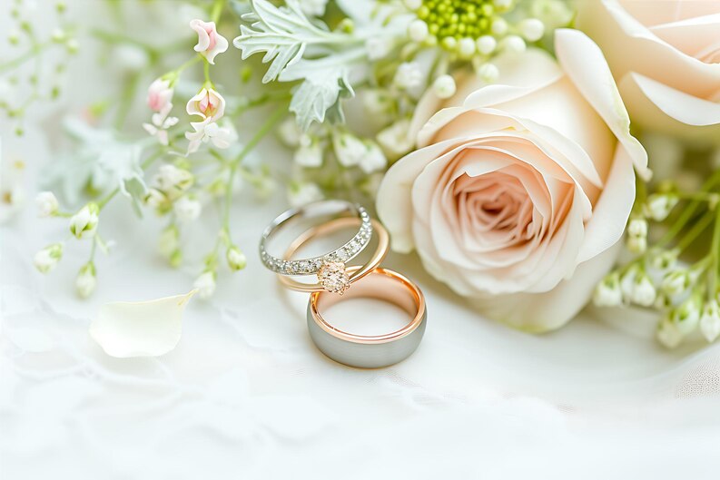 Alliances de mariage sur fond floral