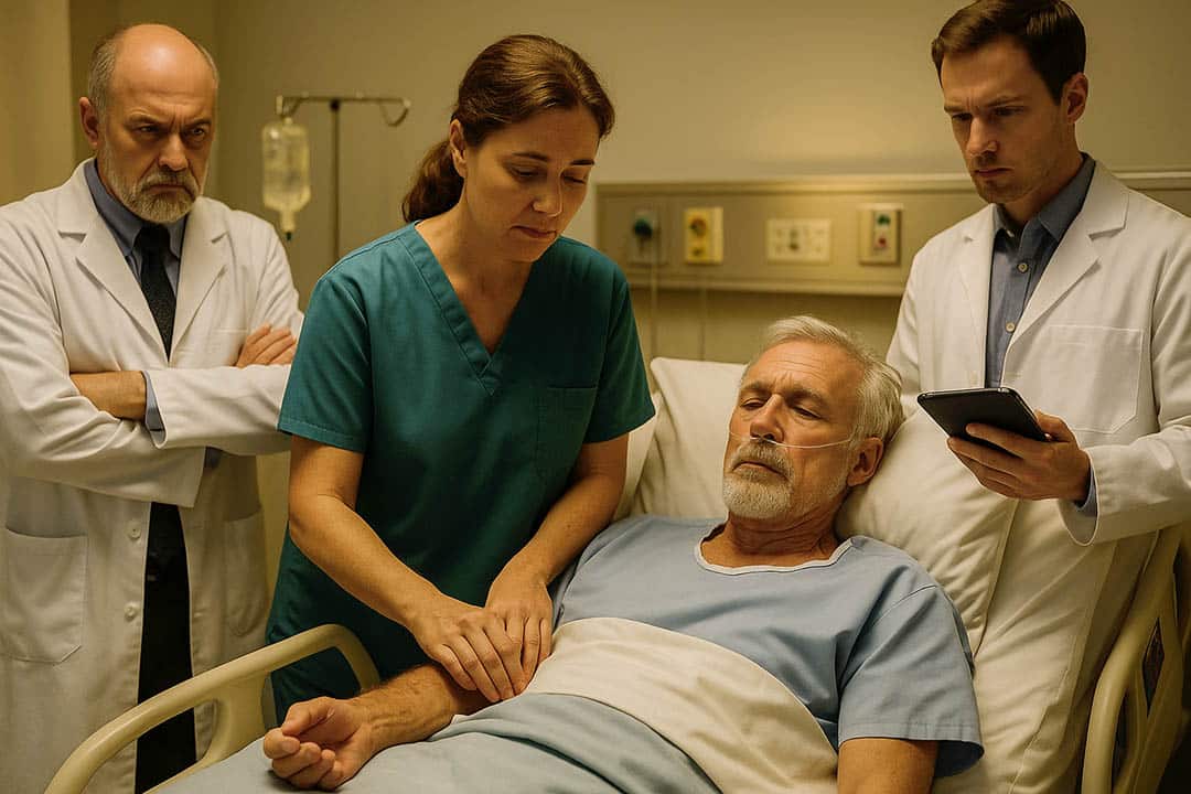 Femme observant attentivement un patient dans un lit d'hôpital