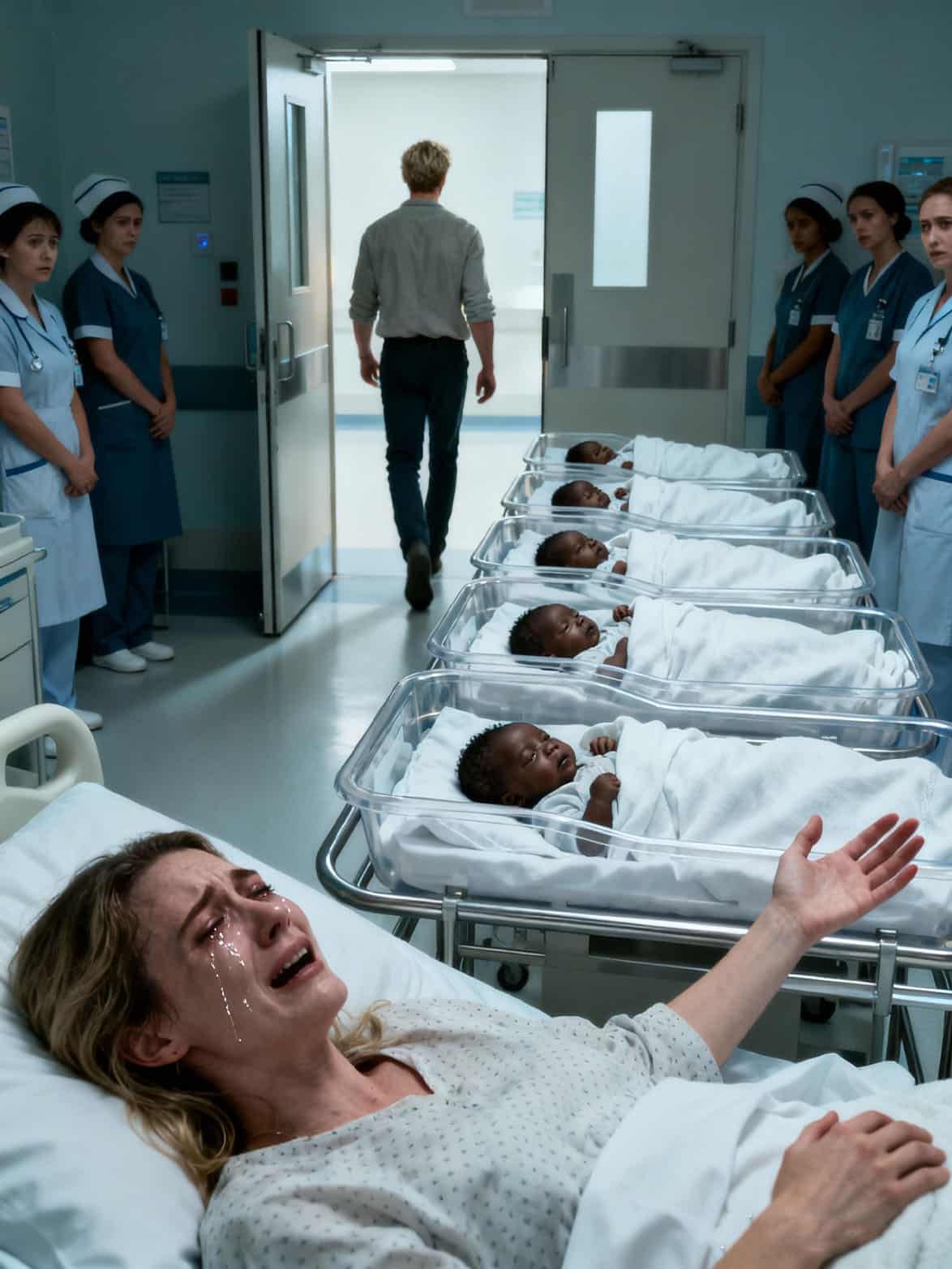 Une jeune mère épuisée contemple avec émotion ses quintuplés dans leurs berceaux en néonatalogie