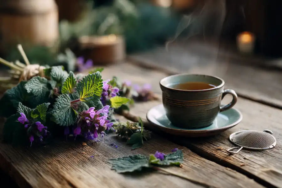 Feuilles séchées de lamier pourpre et une tasse à infusion